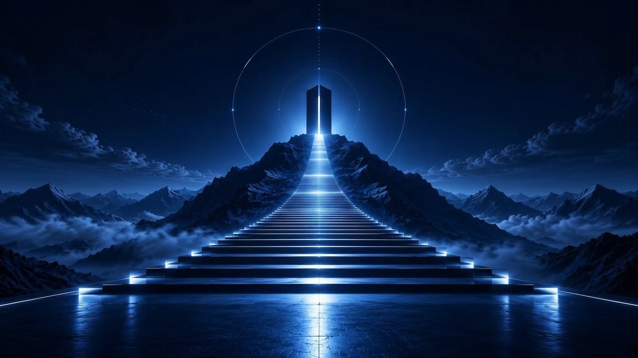 Escadaria iluminada em azul que leva a um portal